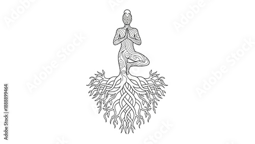 Figure in Tree Pose with Roots, Spiritual Journey Theme for Reflective Art. transparent.