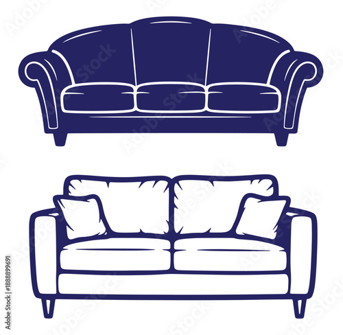 Two Dark Blue Sofa Icons With Different Styles couch