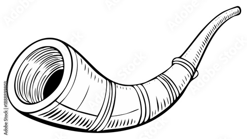 Monochrome Sketch of Vintage Drinking Horn with Detailed Wood Grain Texture and Ornamental Ring