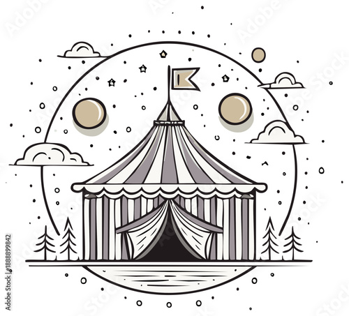 Whimsical Circus Tent Illustration with Stars Clouds and Trees in a Decorative Circle Frame