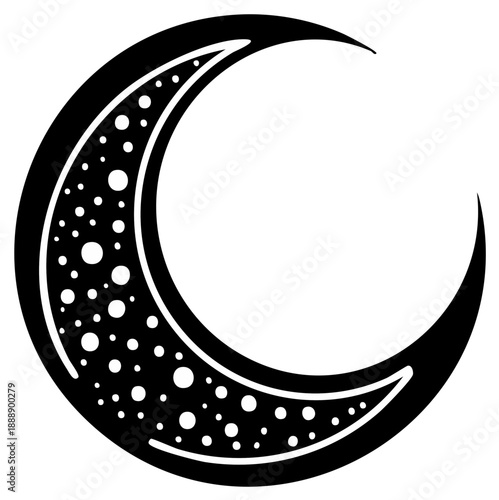 Crescent Moon Silhouette with Textured Surface and Glowing Dots Celestial Body