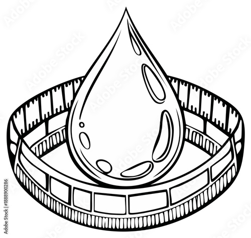 Essence of Cinema Represented by Water Droplet and Film Strip Line Art Illustration