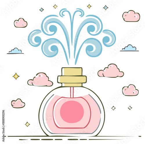 Pink Perfume Bottle Spritzing Fragrance with Cute Clouds and Stars