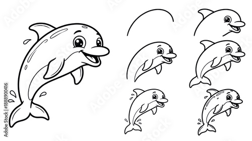 Cute Cartoon Dolphin Vector Line Art Illustration
