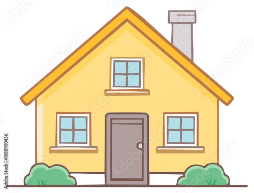 Cartoon Style House Facade: Yellow Home with Door, Chimney, Bushes - Residential Building