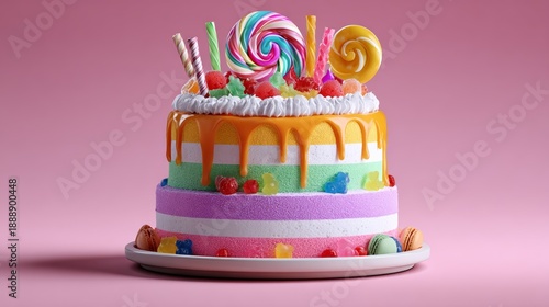 Colorful candy-themed cake with three layers, bright pastel frosting, glossy rainbow drip glaze, and topped with lollipops and candy swirls on a pink background