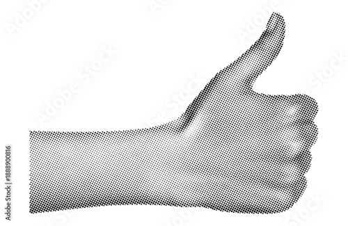 Human hand in halftone texture, hand photo with retro halftone effect, black and white halftone image depicting a hand showing a thumbs-up gesture.eps