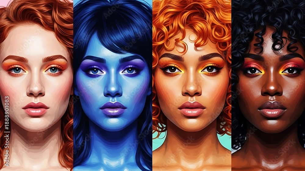 Naklejka premium Diverse female faces with various skin tones and makeup
