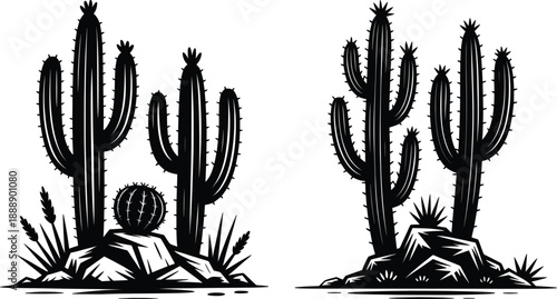 Black and White Desert Cactus Illustration – Wild Western Nature Art.