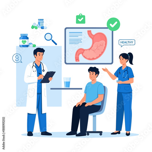 Doctor and nurse examining patient's stomach health on screen, medical checkup