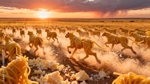 Wallpaper Mural An epic wide-angle shot of hundreds of dry spaghetti noodles running across a golden savanna at sunset, kicking up clouds of grated parmesan dust. Torontodigital.ca