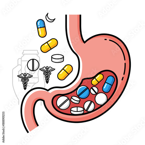Stomach Filled With Pills: Medication, Healthcare, Pain Relief, Digestive Issues