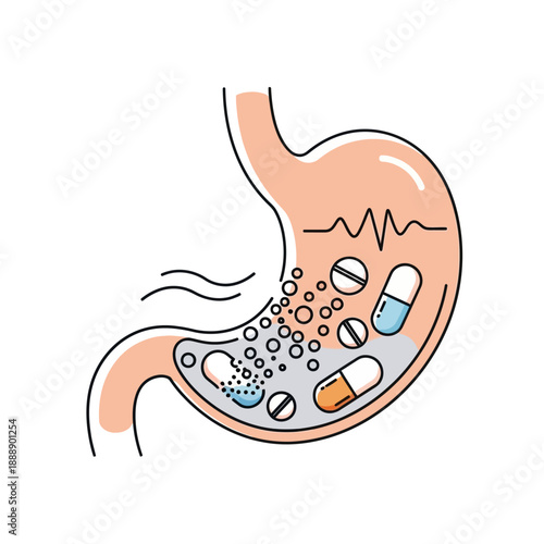 Stomach with pills, capsules, and effervescent tablets dissolving, health concept