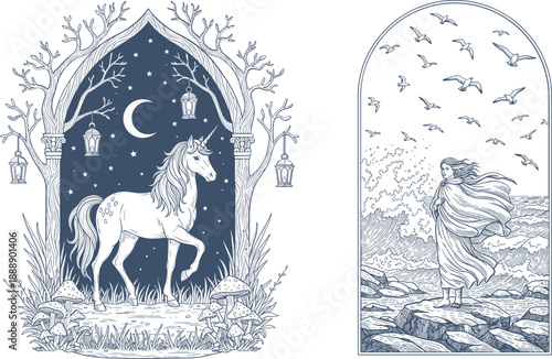 Mystic unicorn moon forest and sea shore girl art