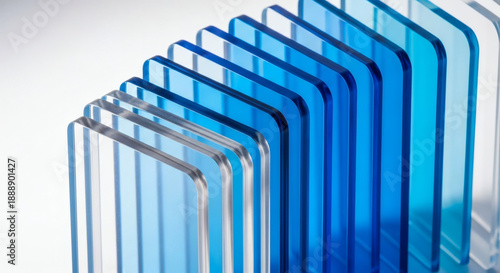 Stacked Blue Glass Panels with Reflections.