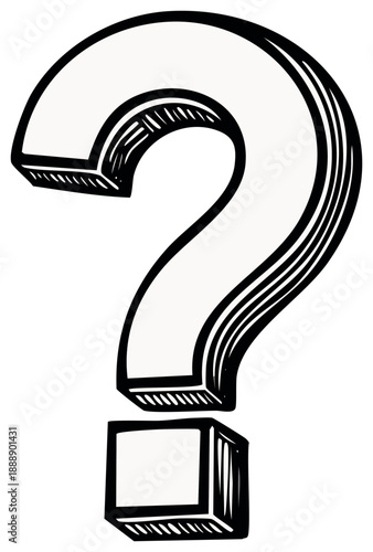 Hand drawn question mark symbol with bold outline and shading in black and white