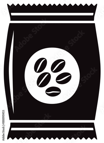 Black and white illustration of a coffee bean bag with roasted coffee beans inside a circle.