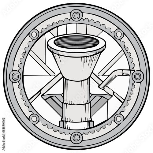 Monochrome industrial insignia with a central funnel in a circular cog frame