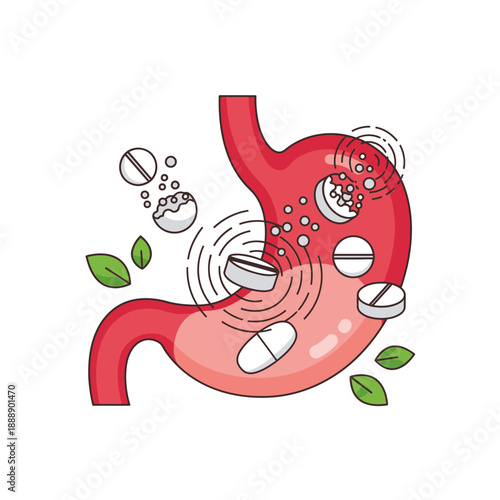 Stomach illustration with pills, concept of digestive problems and medicine