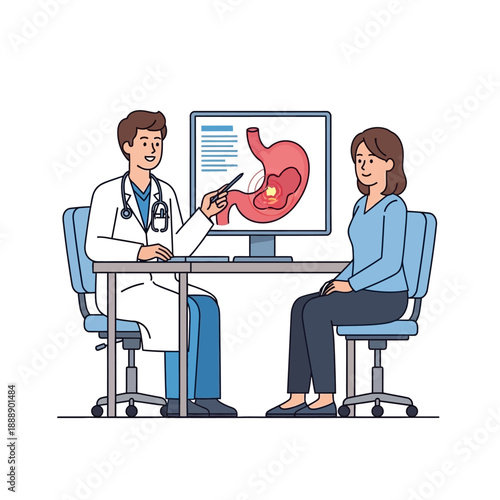 Doctor Explains Stomach Anatomy and Ulcer to Patient on Computer Screen