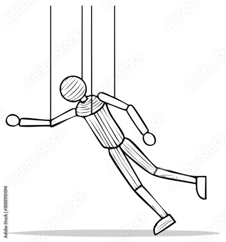 Illustrated marionette puppet hanging from strings, simplified cartoon character