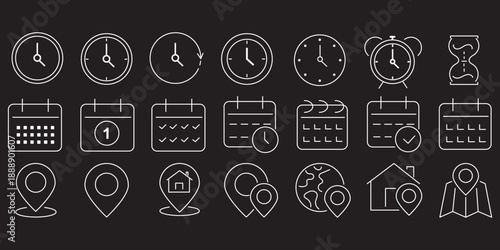 Time, Date and Location Icon set. Vector illustration of Date, Time and Address icon set. editable stroke