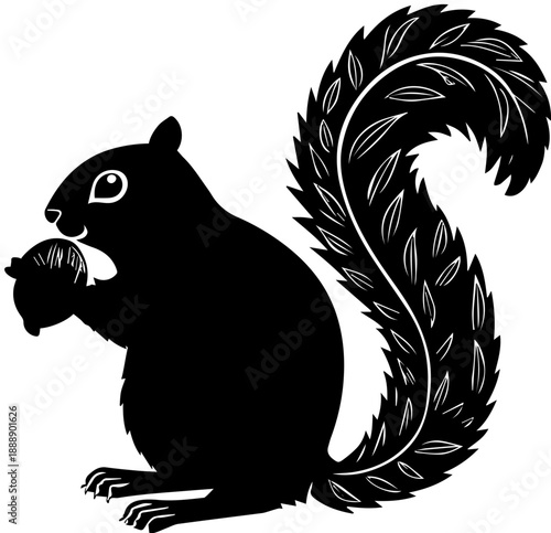 Squirrel Eating Nut Black and White Vector Illustration