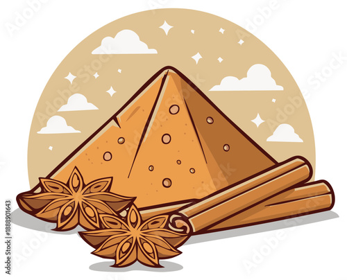 Cartoon Spices Still Life with Cinnamon Sticks, Star Anise, and Powder Pyramid