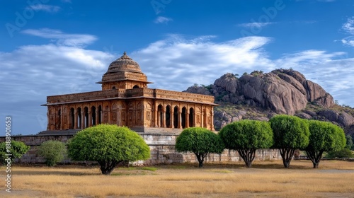 Ancient sandstone palace with intricate carvings under a blue sky, surrounded by dry grass and rocky hills, showcasing a stunning architectural marvel in an arid landscape