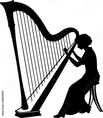 Harp Player Silhouette Classical Music Black Vector Illustration