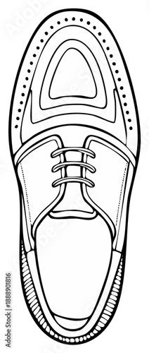 Line Drawing of a Classic Oxford Shoe from Above Showing Laces and Wingtip Detail