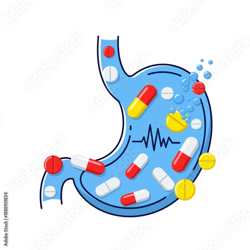 Medication inside stomach, capsule pills and tablets, digestive system healthcare concept