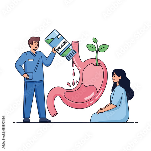 Doctor cares for patient's stomach, offering medicine and promoting digestive health with plant.