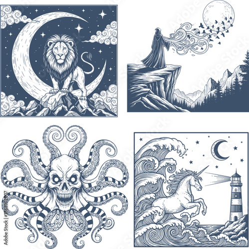 Mystic lion wizard skull octopus unicorn sea art