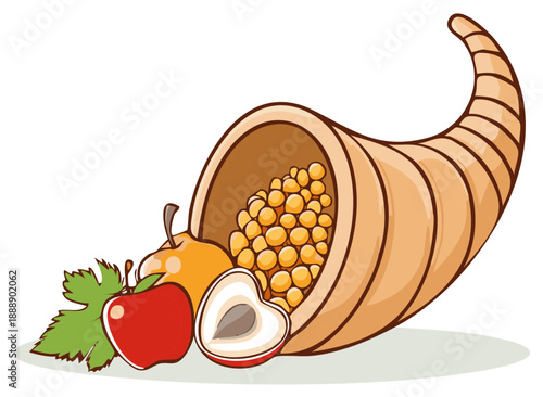 Colorful cartoon cornucopia overflowing with fresh fruits harvest season abundance vector illustration