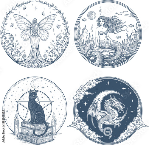 Mystic fairy mermaid witch cat dragon moon art