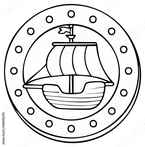 Line art illustration of a vintage sailing ship in a circular frame with rivets maritime design