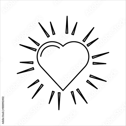 black heart icon with sun rays on white background.