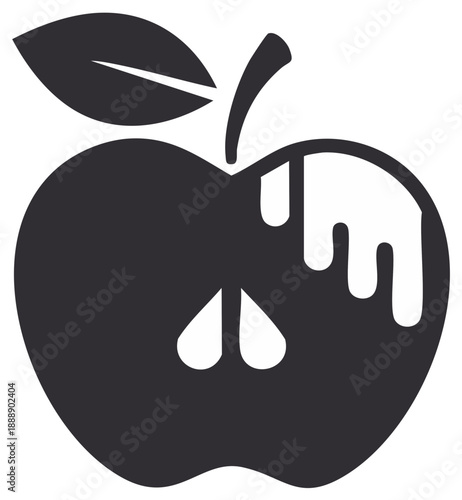 Abstract black apple vector with white liquid glaze and fresh seeds