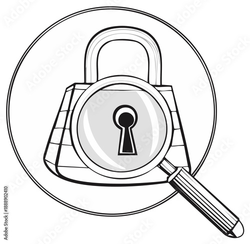 Magnifying glass focusing on a padlock's keyhole, symbolizing security, investigation, and data protection
