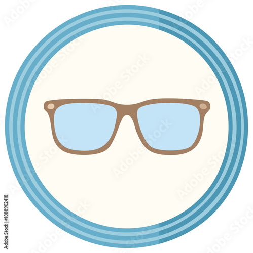 Flat design icon of eyeglasses with blue lenses and a brown frame within a circular border
