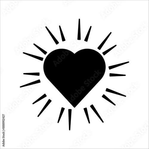 black heart icon with sun rays on white background.