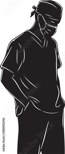Vector silhouette of healthcare worker wearing surgical mask and scrubs