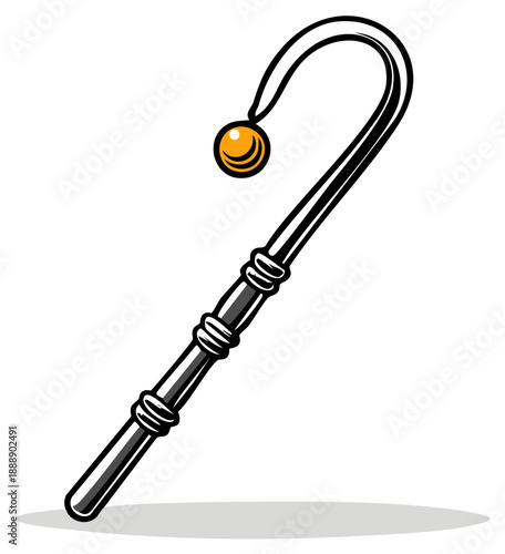 A stylized cartoon drawing of a shepherd's crook with a round end, an old and traditional tool used for herding animals