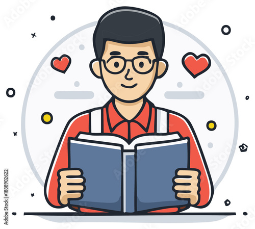 Man with glasses happily reading an open book with hearts around him