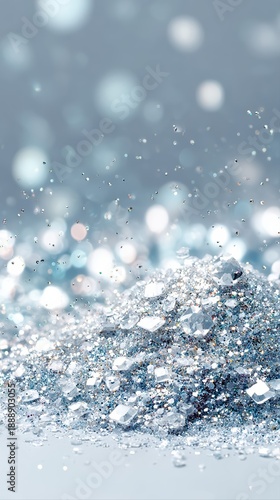 A sparkling pile of glitter and crystals shines against a dreamy bokeh background. The shimmering gems create a dazzling luxury atmosphere with festive, magical tones.