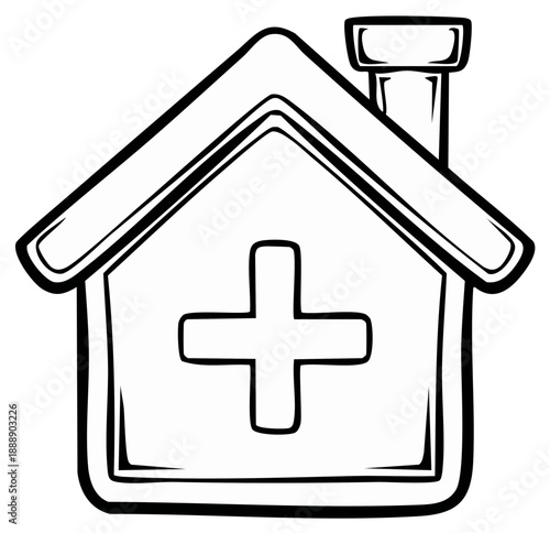 Simple medical clinic building icon with a plus symbol on the facade