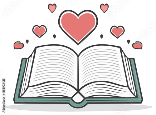 Open book with hearts illustration reading literature love story concept