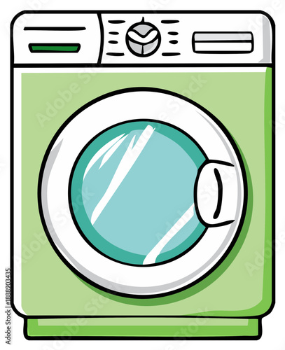 Vibrant green front loading washing machine cartoon illustration for laundry