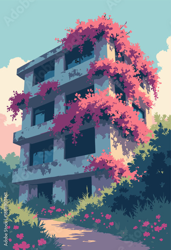 brutalist concrete building overgrown vibrant pink bougainvillea flowers Nature taking over Flat